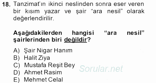 II. Abdülhamit Dönemi Türk Edebiyatı 2014 - 2015 Dönem Sonu Sınavı 18.Soru