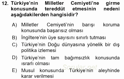 Atatürk İlkeleri Ve İnkılap Tarihi 2 2015 - 2016 Ara Sınavı 12.Soru