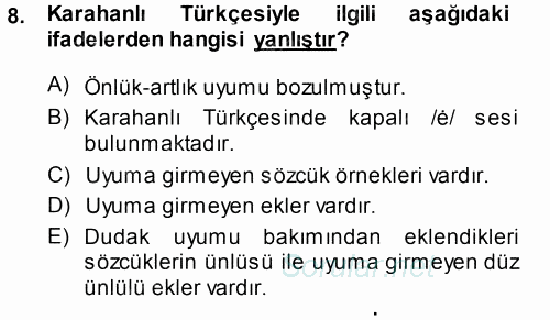 XI-XIII. Yüzyıllar Türk Dili 2014 - 2015 Ara Sınavı 8.Soru