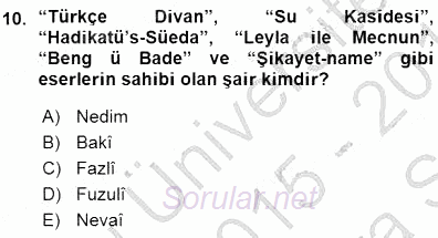 XVI-XIX. Yüzyıllar Türk Dili 2015 - 2016 Ara Sınavı 10.Soru