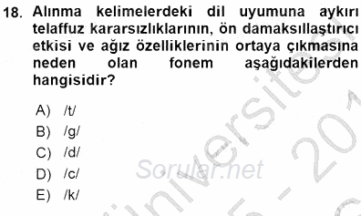XVI-XIX. Yüzyıllar Türk Dili 2015 - 2016 Ara Sınavı 18.Soru