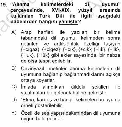 XVI-XIX. Yüzyıllar Türk Dili 2015 - 2016 Ara Sınavı 19.Soru