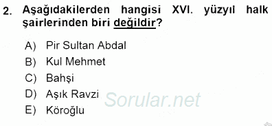 XVI-XIX. Yüzyıllar Türk Dili 2015 - 2016 Ara Sınavı 2.Soru