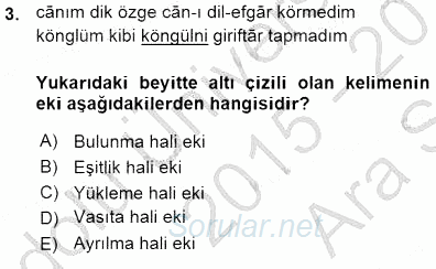 XVI-XIX. Yüzyıllar Türk Dili 2015 - 2016 Ara Sınavı 3.Soru