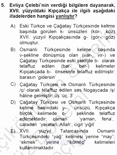 XVI-XIX. Yüzyıllar Türk Dili 2015 - 2016 Ara Sınavı 5.Soru
