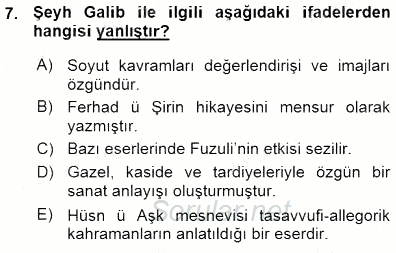 XVI-XIX. Yüzyıllar Türk Dili 2015 - 2016 Ara Sınavı 7.Soru