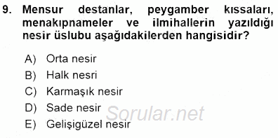 XVI-XIX. Yüzyıllar Türk Dili 2015 - 2016 Ara Sınavı 9.Soru