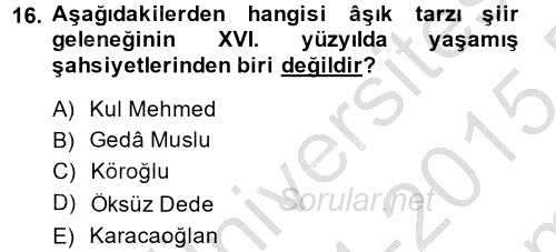 Halk Edebiyatına Giriş 2 2014 - 2015 Dönem Sonu Sınavı 16.Soru