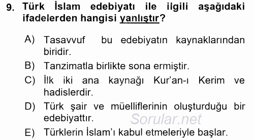 Türk İslam Edebiyatı 2015 - 2016 Dönem Sonu Sınavı 9.Soru