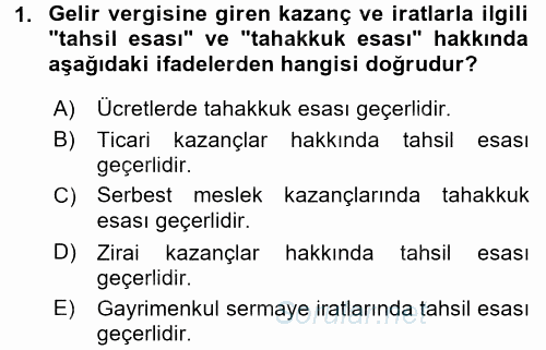 Türk Vergi Sistemi 2015 - 2016 Tek Ders Sınavı 1.Soru