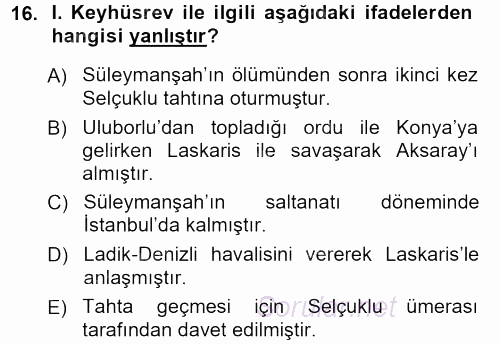 Türkiye Selçuklu Tarihi 2012 - 2013 Ara Sınavı 16.Soru