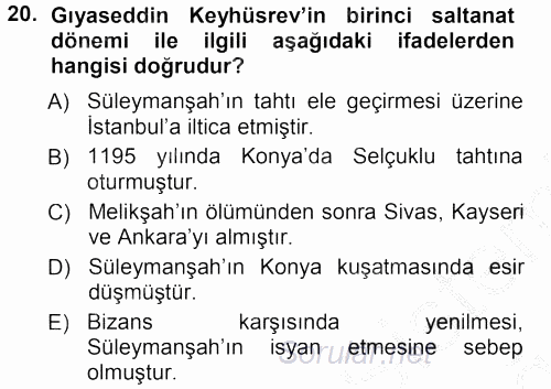 Türkiye Selçuklu Tarihi 2012 - 2013 Ara Sınavı 20.Soru