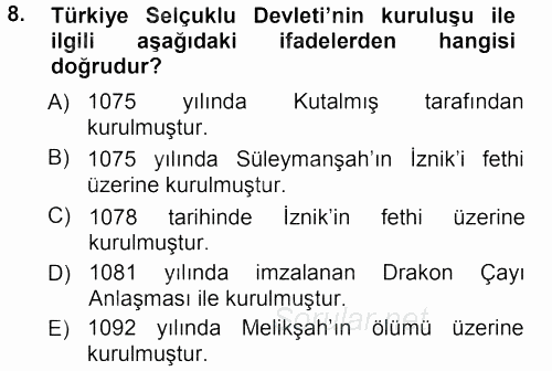 Türkiye Selçuklu Tarihi 2012 - 2013 Ara Sınavı 8.Soru