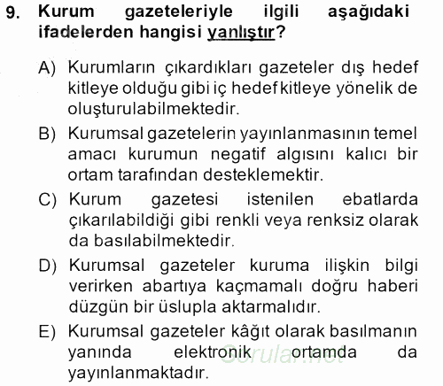Halkla İlişkiler Yazarlığı 2013 - 2014 Dönem Sonu Sınavı 9.Soru