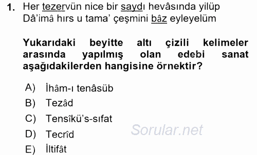 Eski Türk Edebiyatına Giriş: Söz Sanatları 2015 - 2016 Dönem Sonu Sınavı 1.Soru