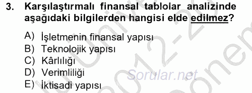 Finansal Tablolar Analizi 2012 - 2013 Dönem Sonu Sınavı 3.Soru