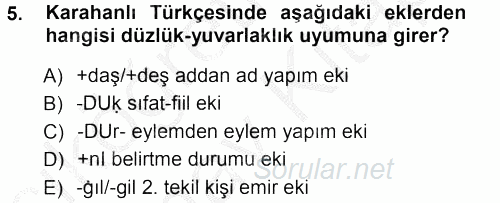 XI-XIII. Yüzyıllar Türk Dili 2012 - 2013 Ara Sınavı 5.Soru