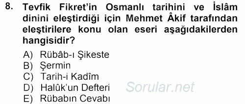 II. Abdülhamit Dönemi Türk Edebiyatı 2012 - 2013 Ara Sınavı 8.Soru