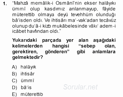 Osmanlı Türkçesi Metinleri 1 2013 - 2014 Dönem Sonu Sınavı 1.Soru