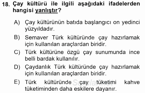 Türk Mutfak Kültürü 2016 - 2017 Dönem Sonu Sınavı 18.Soru