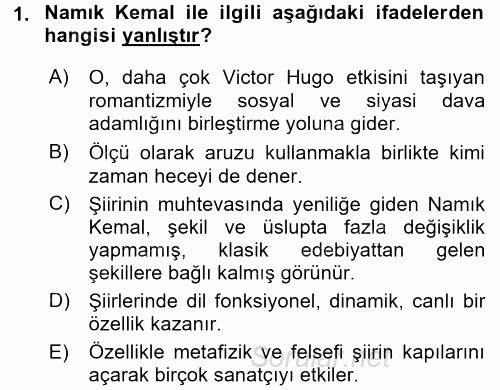 Tanzimat Dönemi Türk Edebiyatı 1 2017 - 2018 Dönem Sonu Sınavı 1.Soru