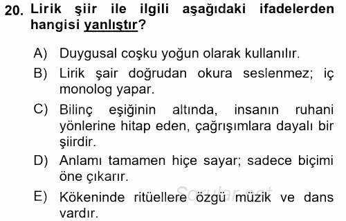 Yeni Türk Edebiyatına Giriş 1 2017 - 2018 Ara Sınavı 20.Soru