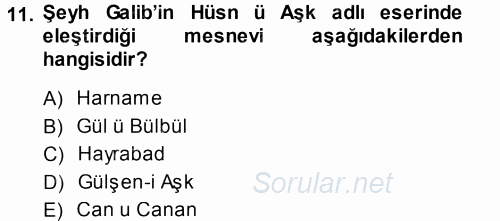 XVIII. Yüzyıl Türk Edebiyatı 2014 - 2015 Tek Ders Sınavı 11.Soru