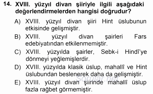 XVIII. Yüzyıl Türk Edebiyatı 2014 - 2015 Tek Ders Sınavı 14.Soru
