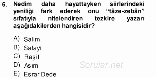 XVIII. Yüzyıl Türk Edebiyatı 2014 - 2015 Tek Ders Sınavı 6.Soru