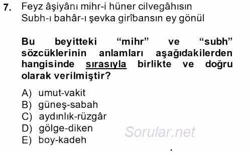 XVIII. Yüzyıl Türk Edebiyatı 2014 - 2015 Tek Ders Sınavı 7.Soru