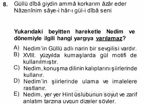 XVIII. Yüzyıl Türk Edebiyatı 2014 - 2015 Tek Ders Sınavı 8.Soru