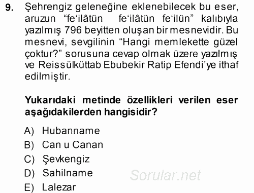 XVIII. Yüzyıl Türk Edebiyatı 2014 - 2015 Tek Ders Sınavı 9.Soru