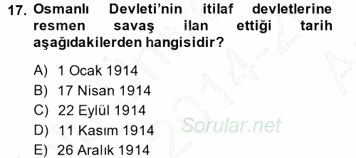 Atatürk İlkeleri Ve İnkılap Tarihi 1 2014 - 2015 Ara Sınavı 17.Soru