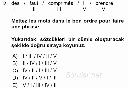 Fransızca 1 2017 - 2018 Dönem Sonu Sınavı 2.Soru