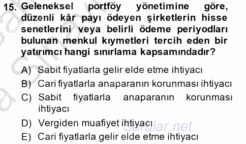 Portföy Yönetimi 2013 - 2014 Ara Sınavı 15.Soru