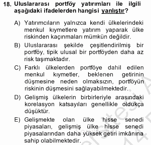 Portföy Yönetimi 2013 - 2014 Ara Sınavı 18.Soru