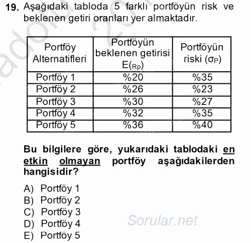 Portföy Yönetimi 2013 - 2014 Ara Sınavı 19.Soru