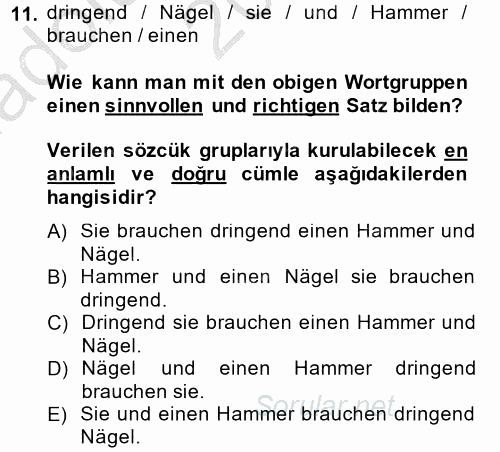 Almanca 2 2013 - 2014 Ara Sınavı 11.Soru