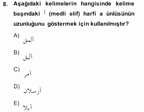 Osmanlı Türkçesine Giriş 1 2014 - 2015 Ara Sınavı 8.Soru