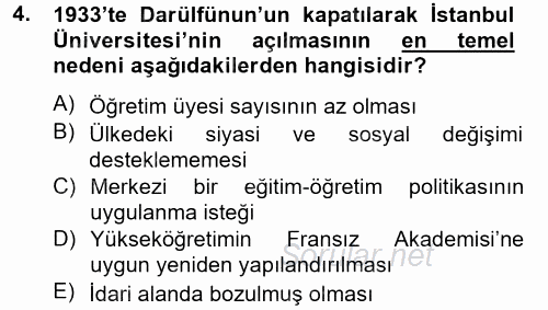 Atatürk İlkeleri Ve İnkılap Tarihi 2 2014 - 2015 Tek Ders Sınavı 4.Soru