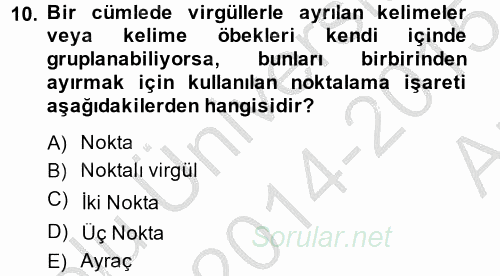 Türk Dili 2 2014 - 2015 Ara Sınavı 10.Soru