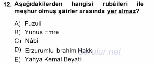 Türk İslam Edebiyatı 2014 - 2015 Ara Sınavı 12.Soru