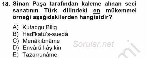 Türk İslam Edebiyatı 2014 - 2015 Ara Sınavı 18.Soru