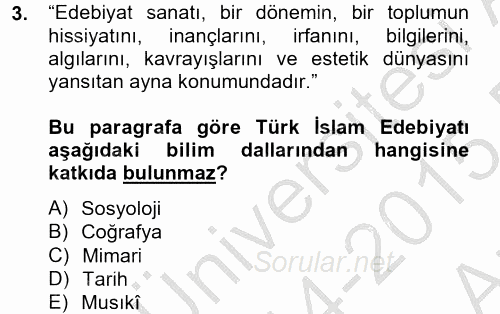 Türk İslam Edebiyatı 2014 - 2015 Ara Sınavı 3.Soru