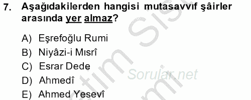 Türk İslam Edebiyatı 2014 - 2015 Ara Sınavı 7.Soru
