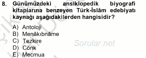Türk İslam Edebiyatı 2014 - 2015 Ara Sınavı 8.Soru