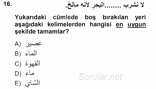 Arapça 1 2012 - 2013 Dönem Sonu Sınavı 16.Soru