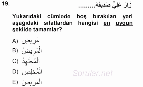 Arapça 1 2012 - 2013 Dönem Sonu Sınavı 19.Soru