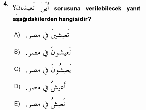 Arapça 2 2017 - 2018 3 Ders Sınavı 4.Soru