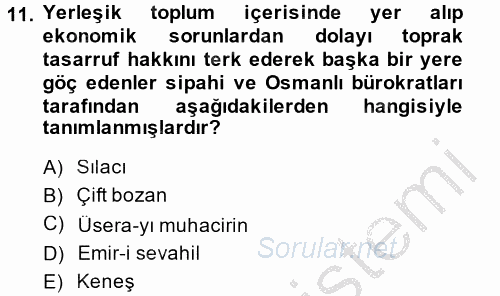Osmanlı´da İskan ve Göç 2014 - 2015 Dönem Sonu Sınavı 11.Soru